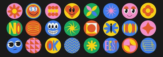 Retro abstract sticker with playful geometric shape. Groovy circle oval rectangle arch eyes typography in brutalism 90s style. Vector illustration with wavy geometric elements.