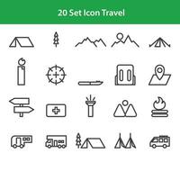 Vector line icon containing a simple trip or camp, containing a fire, tent and tree. Editable 36x36 pixel perfect