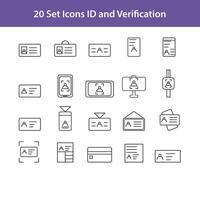 Collection of Vector Line Icons Related to ID and Verification. Contains Icons such as Passport, Scan ID, Scan technology. Editable stroke.