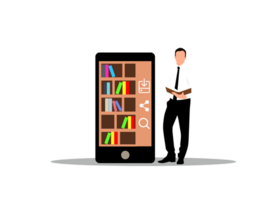 a man standing next to a large book shelf with a phone png