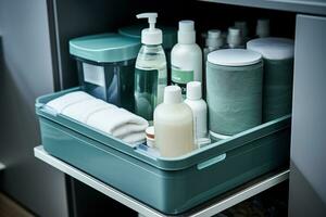 Bottles of care products in a chest of drawers in the bathroom. The concept of using a toiletry organizer to store or organize personal care items. Generated by artificial intelligence photo