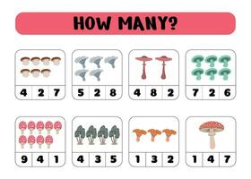 Count how many mushrooms. Write down the answer. Educational games for children. Preschool worksheet activity, count and choose an answer, vector illustration