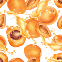 Watercolor seamless pattern with apricots and juice drop. Painting segment fruits, nectarine, splashing juice hand drawn. Design element for package, textile, wrapping, paper. png