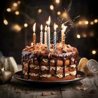 Birthday chocolate cake with candles on a wooden background Ai Generated photo