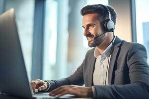 Portrait of beautiful young woman in headset using computer at night office Ai Generated photo