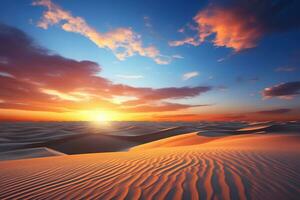 Sunset, dawn over sand dunes in the desert. Beautiful view of the desert. Generated by artificial intelligence photo