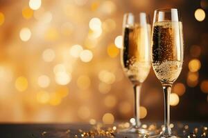 Two glasses of champagne against gold bokeh background. Generated by artificial intelligence photo