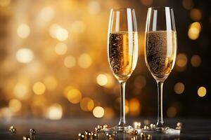 Two glasses of champagne against gold bokeh background. Generated by artificial intelligence photo