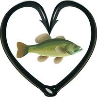 Heart-shaped fishing hooks with predatory fish inside vector