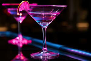 Martini glass on on the bar counter with neon lights. Generated by artificial intelligence photo
