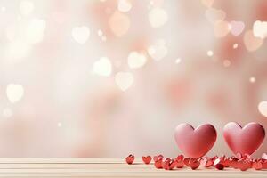 Pink hearts on a wooden table against a light defocused bokeh background. Love, Valentine's Day concept. Generated by artificial intelligence photo