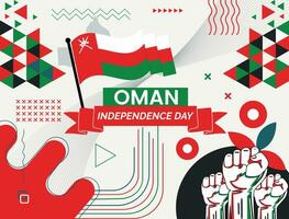 Oman national day banner with map, flag colors theme background and geometric abstract retro modern colorfull design with raised hands or fists. vector