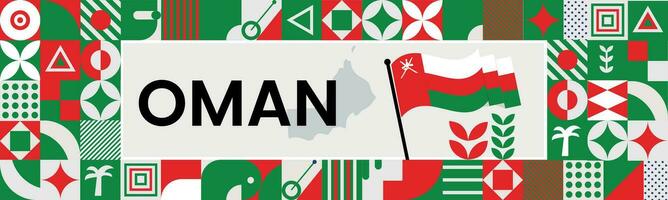 Oman national day banner with map, flag colors theme background and geometric abstract retro modern colorfull design with raised hands or fists. vector