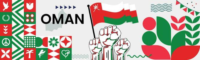 Oman national day banner with map, flag colors theme background and geometric abstract retro modern colorfull design with raised hands or fists. vector