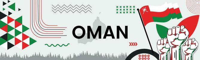 Oman national day banner with map, flag colors theme background and geometric abstract retro modern colorfull design with raised hands or fists. vector