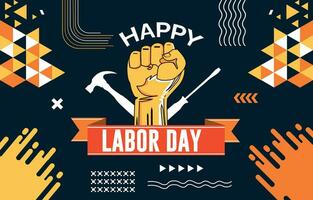 International Happy Labor Day Typography banner design with labor tools and hand fist. Abstract modern geometric background. vector