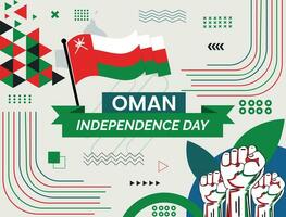 Oman national day banner with map, flag colors theme background and geometric abstract retro modern colorfull design with raised hands or fists. vector