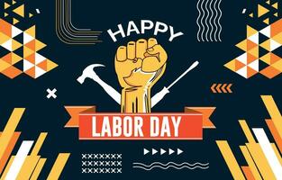 International Happy Labor Day Typography banner design with labor tools and hand fist. Abstract modern geometric background. vector