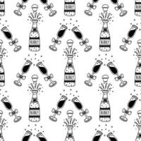 Champagne and glasses with bows seamless vector pattern. Open bottle of alcoholic drink with bubbles, cups clinking. Cheers, a festive toast. Black and white doodle background for wedding, date, party