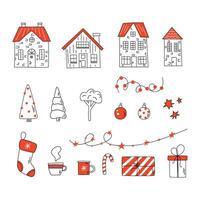 Set of black, red and white christmas line art doodle icons. Christmas, New Year concept. For greeting cards, print, design, fabric, porcelain and decor vector