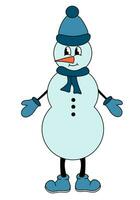 Retro 70s 60s 80s Hippie Groovy Christmas Winter Snowman Character. Vector flat illustration.