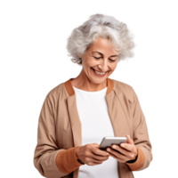 ai generative Elderly woman using her smartphone, internet, social media. Isolated on transparent background png