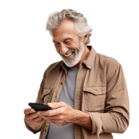 ai generative Middle aged man using her smartphone, internet, social media. Isolated on transparent background png