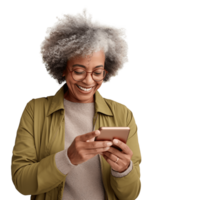 ai generative Elderly african american woman using her smartphone, internet, social media. Isolated on transparent background png