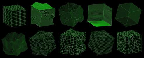 Geometry wireframe cube shapes in neon green color. 3D cubes abstract backgrounds, patterns, cyberpunk elements in trendy psychedelic rave style. 00s Y2k retro futuristic aesthetic. vector