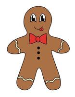 Retro 70s 60s 80s Hippie Groovy Christmas Gingerbread Cookie Man Character snow tongue. Vector flat illustration.