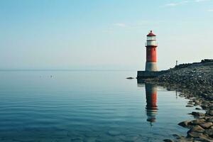 Lighthouse on the seashore, beautiful landscape. Seascape, signal building on the seashore. Coastal landscape with a lighthouse. Generated by artificial intelligence photo