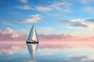 Boat with white sails in a calm blue sea at dawn, sunset. Reflection of a sailboat on the water. Generated by artificial intelligence photo