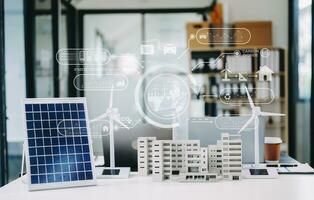 Carbon emissions to limit global warming and climate change to reduce CO2 levels through sustainable development. Business working with meeting room reduce CO2 concept photo