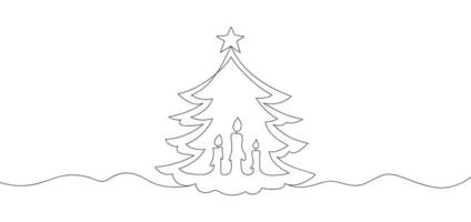 Christmas line art banner. Christmas tree with candles in continuous line style. Outline drawing Christmas tree for the New Year and Christmas vector