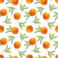 Seamless pattern of round oranges and green leaves. Watercolor illustration. Design element for cafe menu, juice labels, food packaging, covers, greeting cards, textiles. png