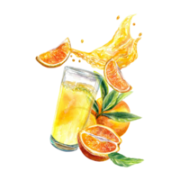 Glass of orange juice with splashes, oranges, orange slices. Watercolor illustration. Design element for cafe menu, juice labels, food packaging, covers. png