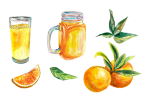A glass of juice, whole and sliced oranges, leaves. Watercolor illustration. Cafe menu, juice labels, food packaging, covers, greeting cards, invitations. png
