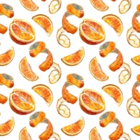 Seamless pattern of orange slices and zest. Watercolor illustration. Design element for cafe menu, juice labels, food packaging, covers, greeting cards, textiles. png