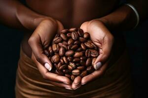 Dark skinned woman holding a bowl of coffee beans in her hands. Coffee harvesting concept. Generated by artificial intelligence photo