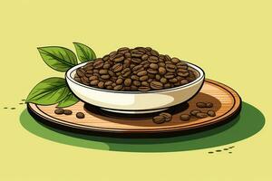 Bowl with coffee beans on a light green background. Illustration. Generated by artificial intelligence photo