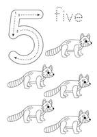 Flashcard number 5. Preschool worksheet. Cute cartoon red pandas. vector