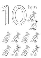 Flashcard number 10. Preschool worksheet. Cute cartoon monal birds. vector