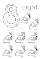 Flashcard number 8. Preschool worksheet. Cute cartoon jerboa. vector