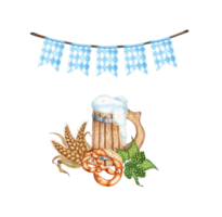 Watercolor illustration of flags, beer, pretzel, green hops, ears of wheat and grain. png
