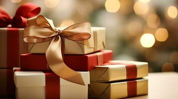ai generative Bow wrapped Christmas presents, gifts with a blurred bokeh background photo