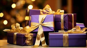 ai generative Bow wrapped Christmas presents, gifts with a blurred bokeh background photo