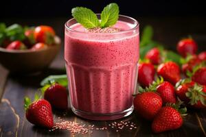 A glass of fresh strawberry milkshake, smoothie and fresh strawberries on a dark background. Healthy food and drink concept. Generated by artificial intelligence photo