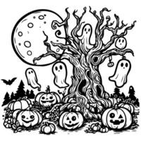 Black silhouette  hanuted old Tree Halloween celebration with ghost and pumpkin vector