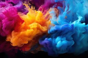 Colorful ink in water on a black background. Abstract background, multicolored smoke, AI Generated photo