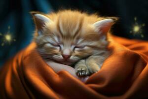 Cute little red kitten sleeping on orange blanket, closeup, The kitten sleeps in my palm, AI Generated photo